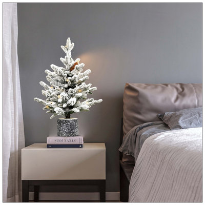 Arbre de Noël floqué avec base en pot - 30 lumières à DEL blanc chaud, 189 pointes, branches en PE + PVC avec 3 pommes de pin - petit arbre de fêtes pré-éclairé pour la table, le vestibule ou la décoration intérieure