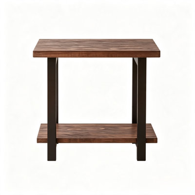 Solid wood side table, 2-story industrial style side table with living room storage rack