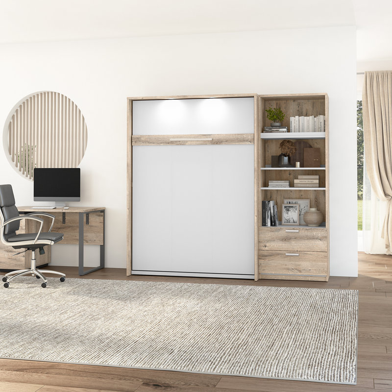 Lit escamotable avec rangement pour garde-robe Osterman, Grand, Brun rustique / Blanc