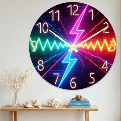 Abstract Neon Lightning Waves Digital Circuit Pattern Ultra Clear Glass Wall Clock