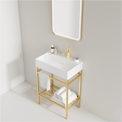 Meuble-lavabo 24 po avec lavabo en céramique, ensemble de lavabo console sur pied, lavabo rectangulaire en céramique blanc brillant sans robinet, pieds en métal ouverts, tablettes de rangement, doré