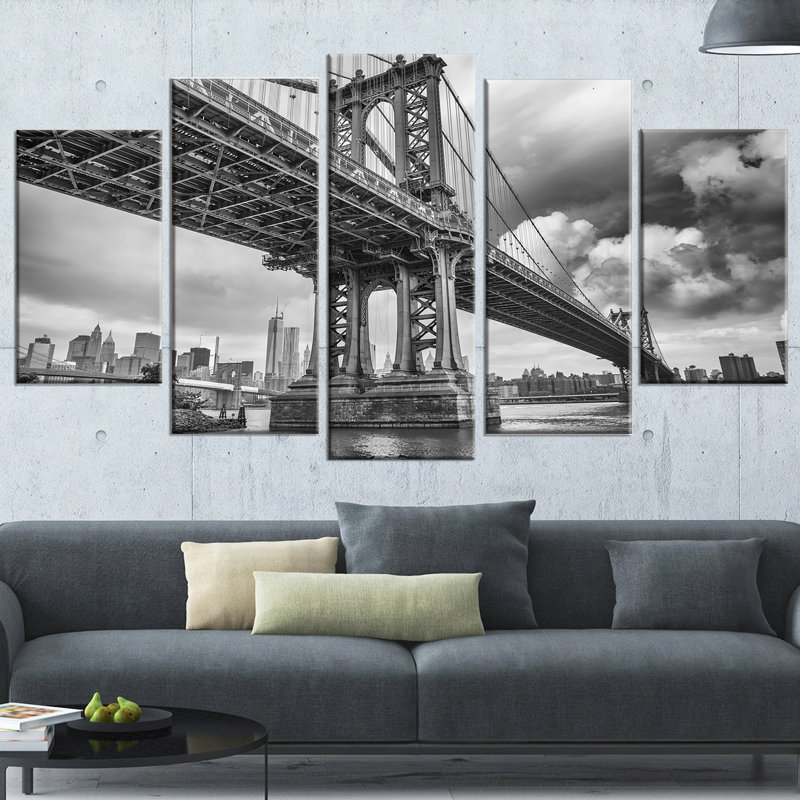 Gray Manhattan Bridge Cityscape Canvas Print, 60x32, 5 Panels