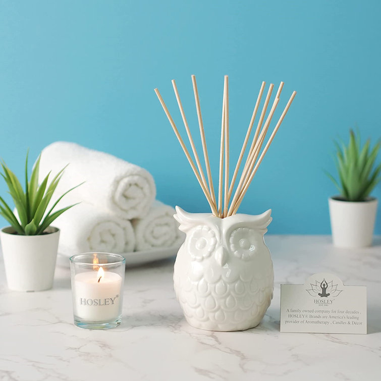 Hosley Aromatherapy Vanilla Diffuser Oil with Cream Ceramic Owl Farmhouse Bottle and Reed Sticks, Beige