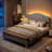 Full Size Gray Linen-Blend Upholstered Platform Bed Frame with LED Light and Height Adjustable Headboard, No Box Spring Needed-125127897-125127895