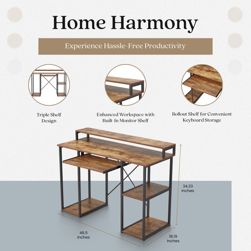 17 Stories Computer Desk with Monitor Shelf for At-Home Office Space, Brown/Black