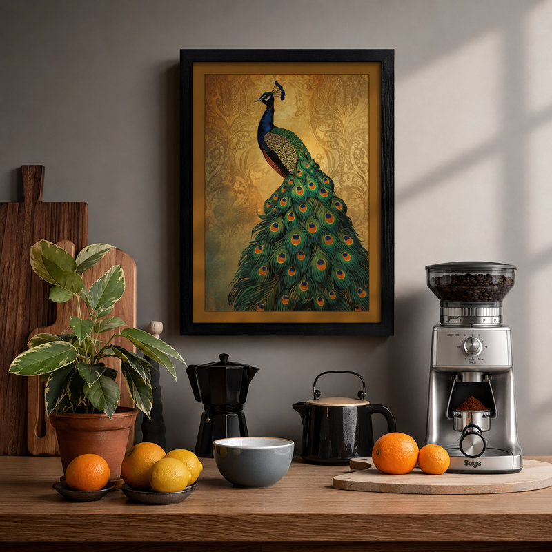 Jewelled Peacock Eclectic - Framed Print, A4 - 29.7 x 21.0 cm, Black