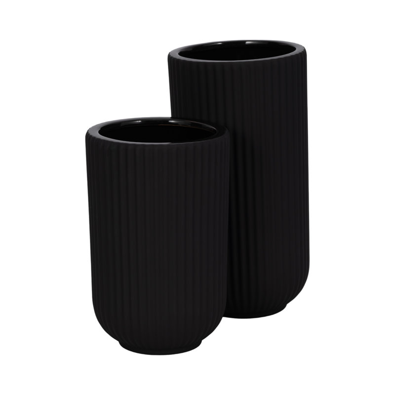 Zed Ribbed Ceramic Handcrafted Watertight Table Vase, Black, 7" H x 5" W x 5" D