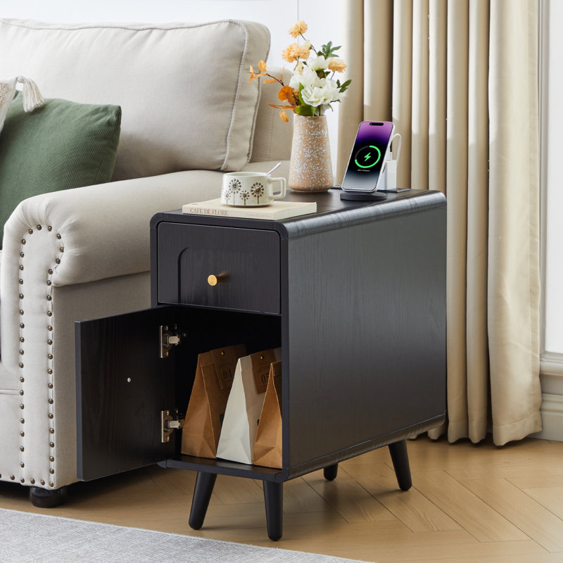 Narrow End Table With Charging Station, Black