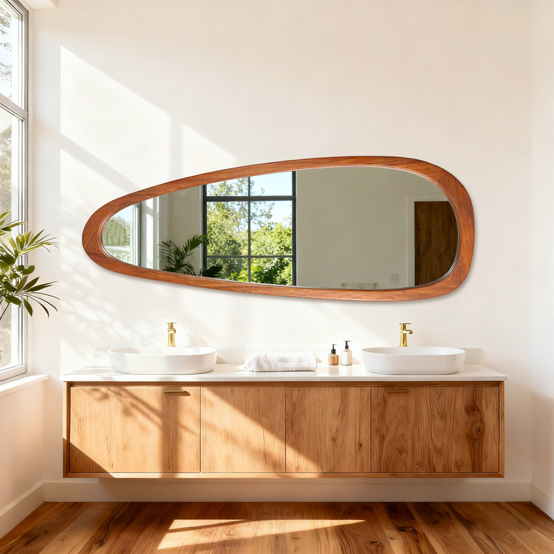 Asymmetrical Wood Framed Accent Wall Mirror, Brown, 60" x 22"