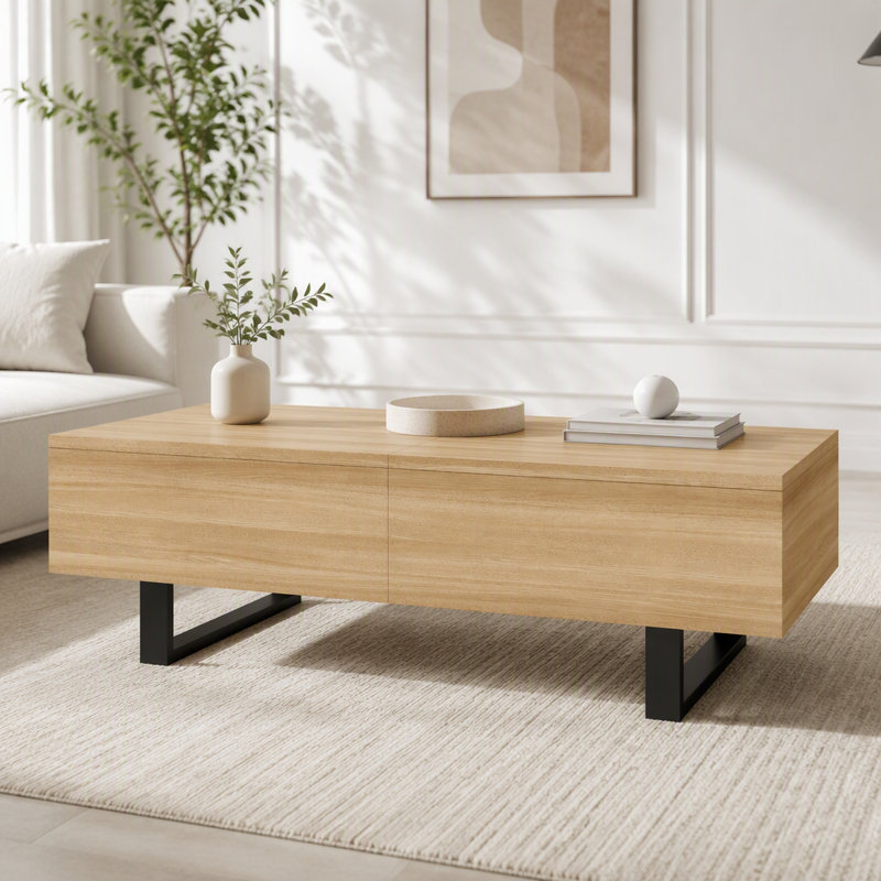 Table basse coulissante avec rangement dissimulé, Naturel