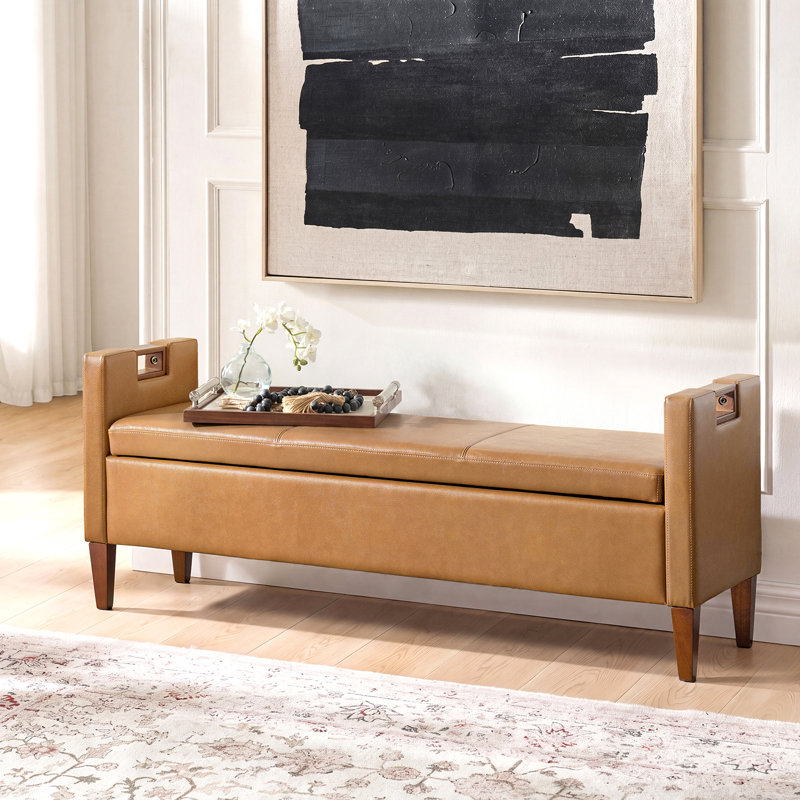 Banc de rangement en cuir véritable avec accoudoirs et pieds en bois massif Adrian, Chameau