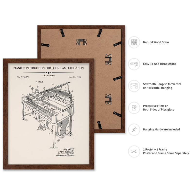 Piano, plan n ° 1, Poster, Brown Framed, 11"H x 14"W