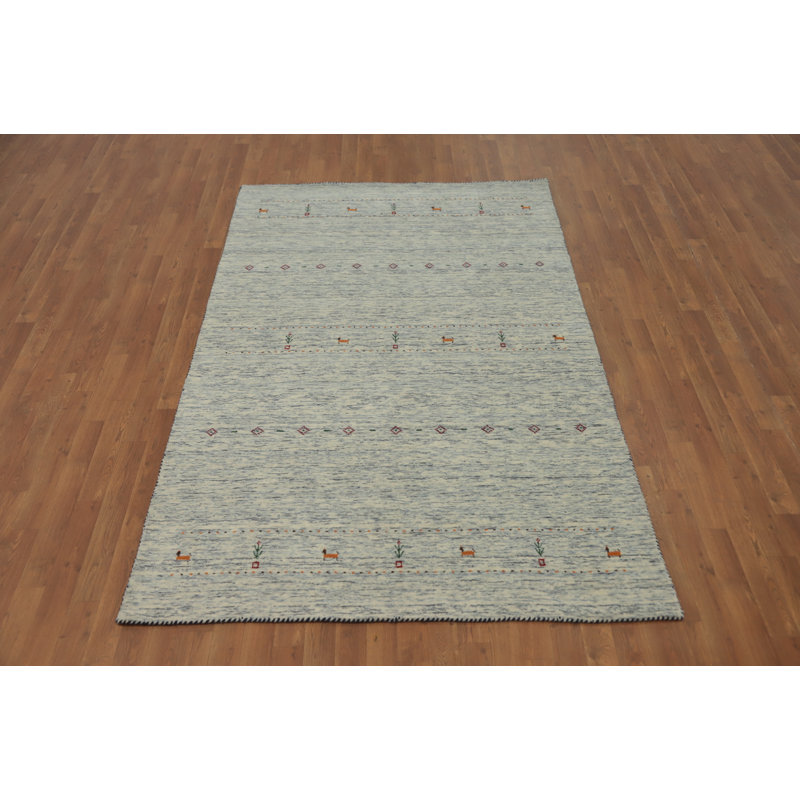 Tapis ivoire et bleu en laine de style Gabbeh fait à la main 5 x 8 po