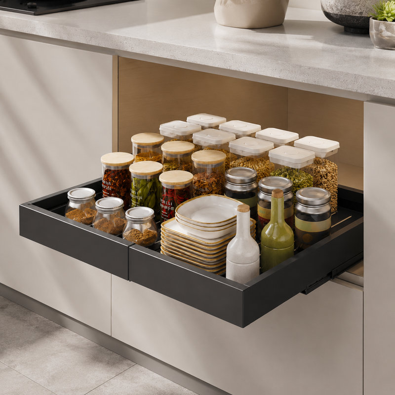 Organisateur de cabinet extensible extensible avec rails coulissants, tiroir de rangement pré-assemblé