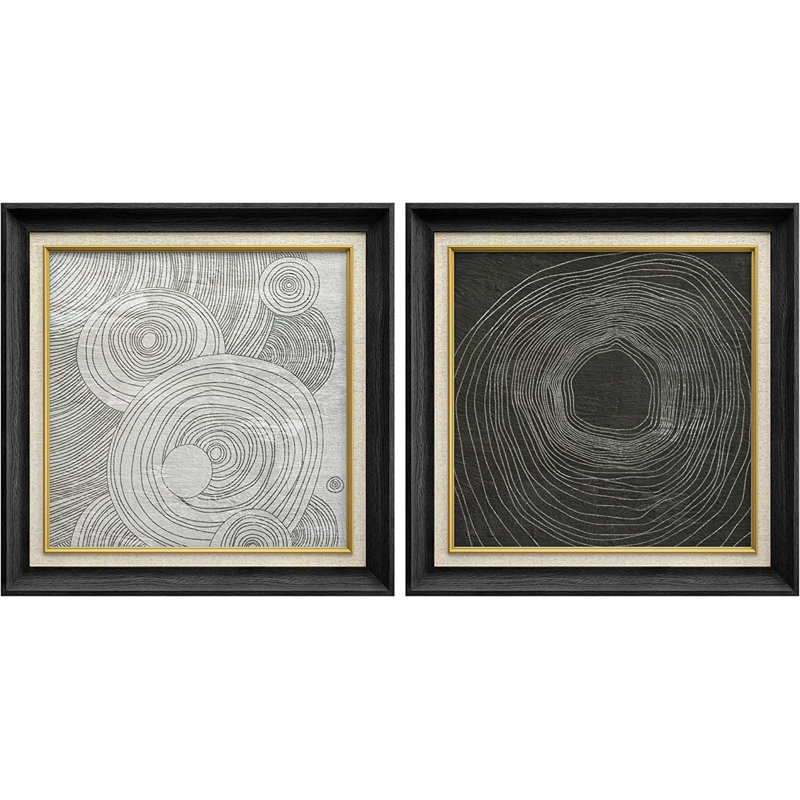 «Geometric Minimal Circle Ring Landscape Classic Vintage», ensemble de 2 peintures sur toile encadrées, Noir