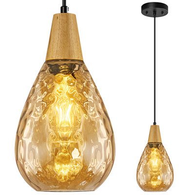 Modern Farmhouse Pendant Lighting Glass Pendant Lights Kitchen Island With E26 Wood Lamp Cup Hammered Glass Pendant Light Fixtures  For Kitchen Island Bedroom