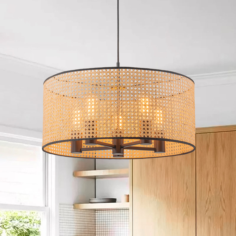Boho-Style Airy Rattan Drum Single Pendant, 14.6" H x 23.6" W x 23.6" D