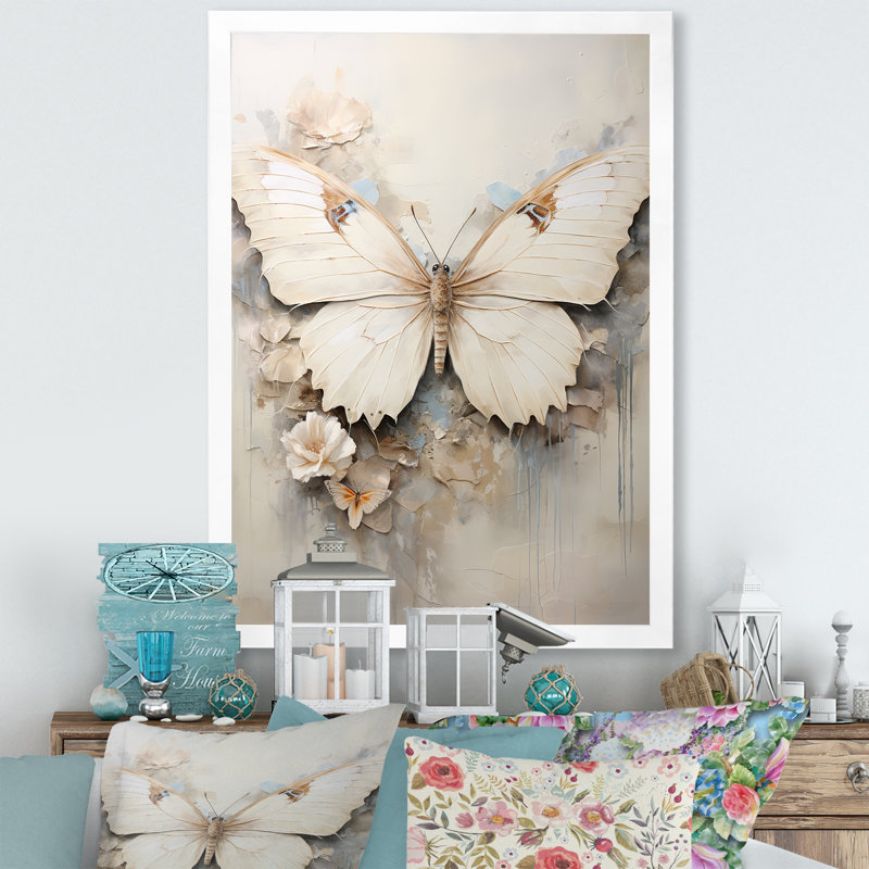 Minimalisme, papillon beige - art mural papillon, H 20 po x l 12 po x P 1 po, Cadre simple blanc
