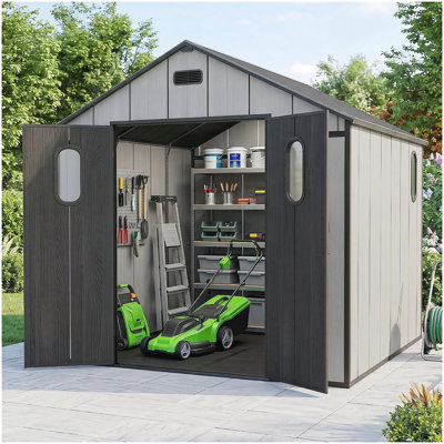 Abri de jardin extérieur en résine de 2,4 x 2,4 m avec plancher, remise de jardin en plastique, construction de rangement extérieure résistante aux intempéries pour outils, vélo, tondeuse à gazon, terrasse, jardin