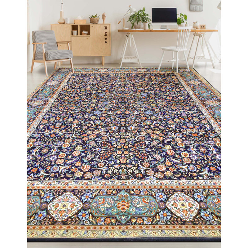 Tapis bleu marine et vert clair de haute qualité noué à la main