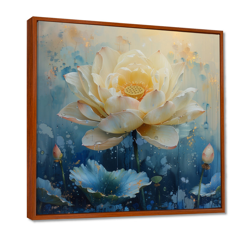 Art mural blanc et bleu lotus des rêves III - Lotus, Sans cadre, métal, H 16 po x l 16 po