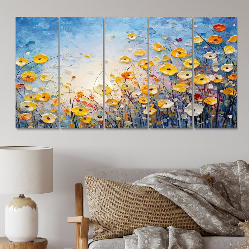 Champ de fleurs d'été de coquelicots et boutons d'or II - Fleurs, art mural salon - 5 panneaux égaux