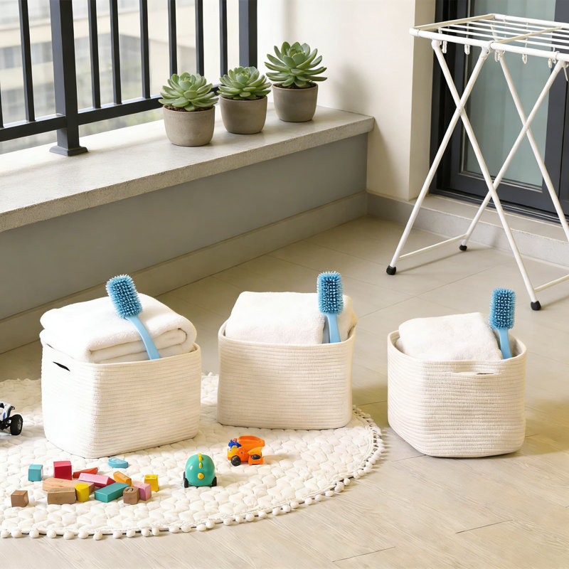 Woven Cotton Rope Storage Baskets, Set Of 3 Multi-Purpose Organizer Bins For Shelves In Living Room, Bedroom, Or Nursery, Handwoven And Foldable For Easy Storage