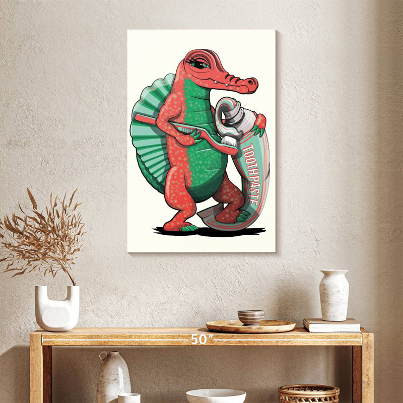 Spinosaurus se brossant les dents dans la salle de bain, H 36 po x l 24 po