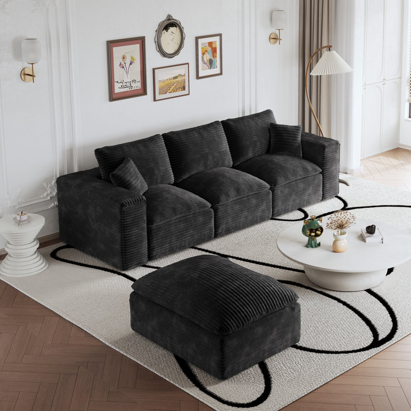 Compression Packed Modern Modular Sectional Sofa With Reversible Ottoman For L-shape, Deep Seat Couch, Corduroy Upholstery, No Assembly Required
