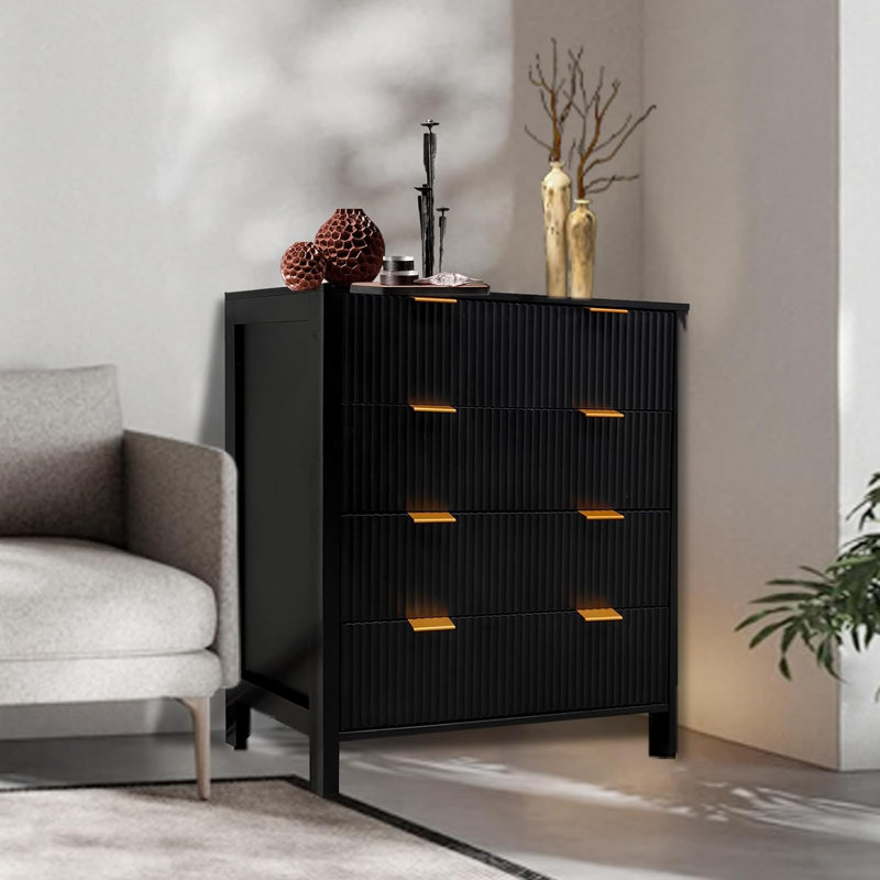 Commode 30 po à 4 tiroirs avec poignées dorées, Noir