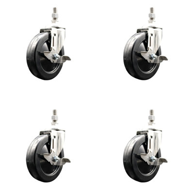 316SS Soft Rubber Wheel Swivel Threaded Stem Caster Set Brake