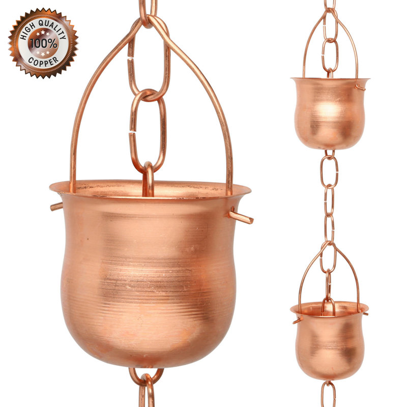 Marrgon Copper Rain Chain With Pot Style Cups For Gutter Downspout Replacement, 102" H x 3" W x 2.25" D, Copper