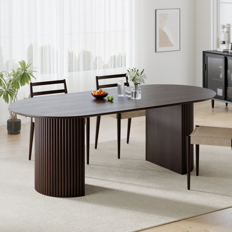 79" Oval Dining Table Duble Pedestal Dining Table Seats 6 Solid Wood Kitchen Table, Brown