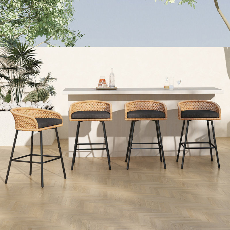 Outdoor Upholstered Bar Stools With Removable Cushions Woven Counter Stools, Bar Height Patio Chairs For Garden Pool Lawn Backyard