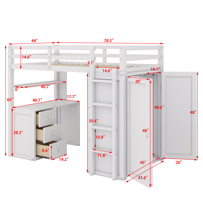 Lit mezzanine simple avec tiroirs intégrés, bureau et garde-robe, Blanc