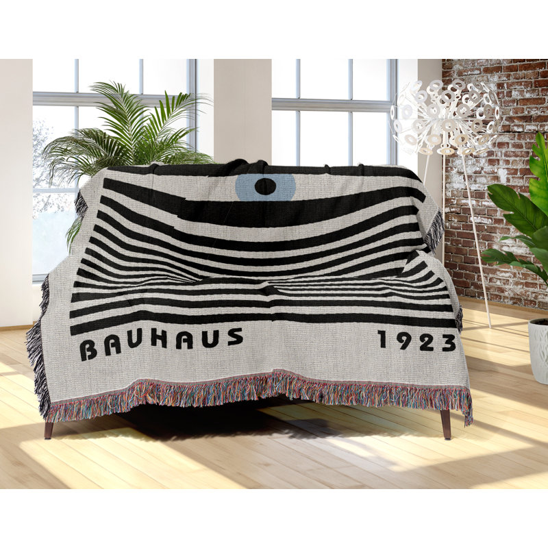 Jeté en mélange de coton Bauhaus, L 70 po x l 50 po, Bleu / noir / blanc cassé