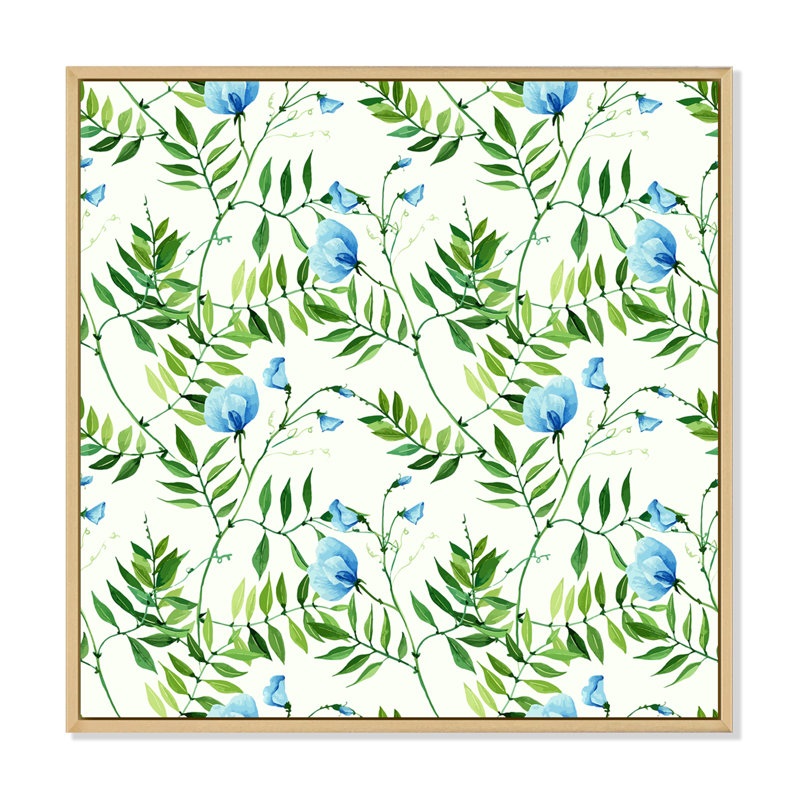 Feuilles tropicales avec petites fleurs bleues - peinture sur toile, H 37 po x l 37 po x P 1,5 po, Érable encadré