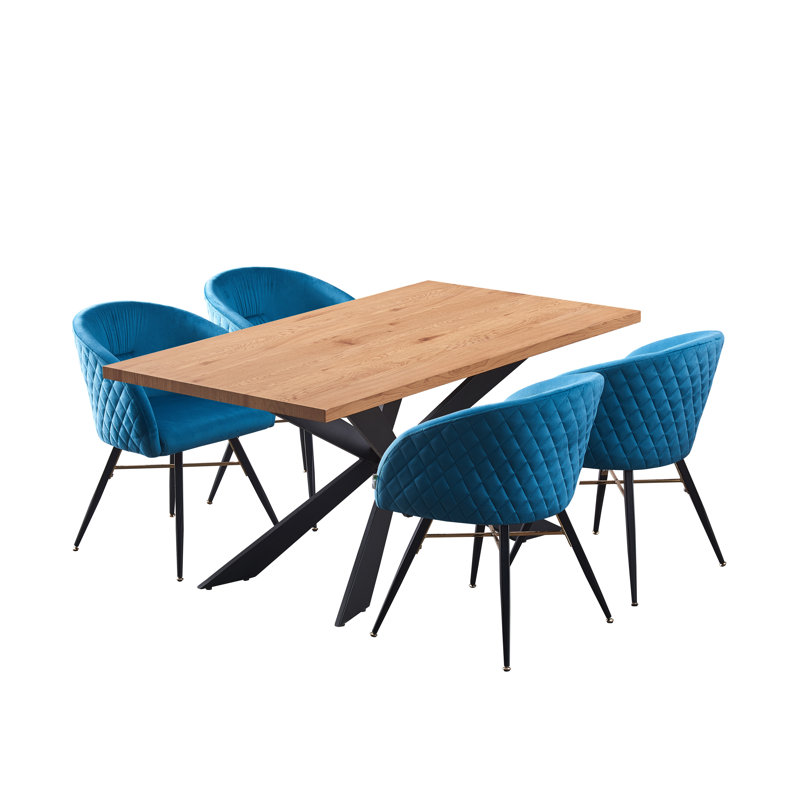 Akiria 4 Person Dining set - a Rectangular Wooden Dining Table with Metal Legs and a Set of 4 Quilted Velvet Dining Chairs for Dining Room - Modern Dining Table Set