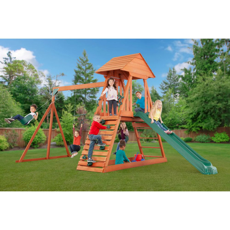 Cedar Chalet Wooden Playset with Slide, Swings, and Fort