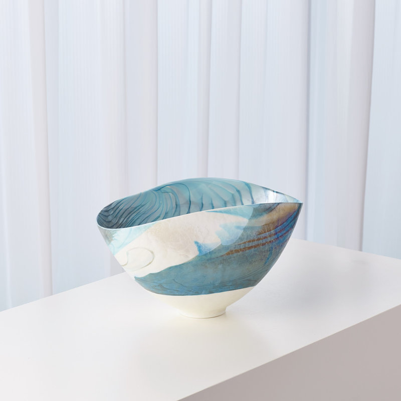 Ivory Turquoise Feather Swirl Oval Bowl-Sm