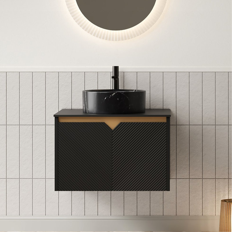 Meuble-lavabo flottant noir de 24 po en pierre: lavabo en céramique, comptoir fritté, armoire à double porte en sergé avec lavabo mural à fermeture en douceur, motif veiné gris, portes et fermeture
