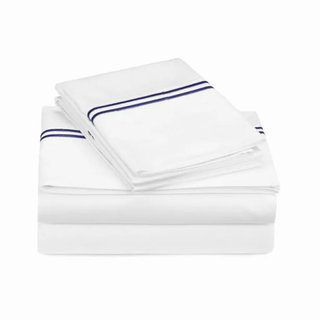 400TC Double Embroidery Sateen Solid Cotton 4 Piece Sheet Set Fitted Sheet Fits Upto 16" Deep Pocket, Queen Sheet Set