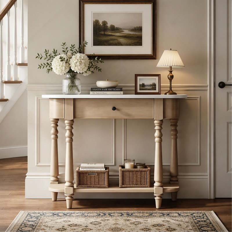 Console de style rétro avec coins arrondis, tiroir supérieur et tablette ouverte, table d'entrée, Blanc / beige, Blanc, Beige
