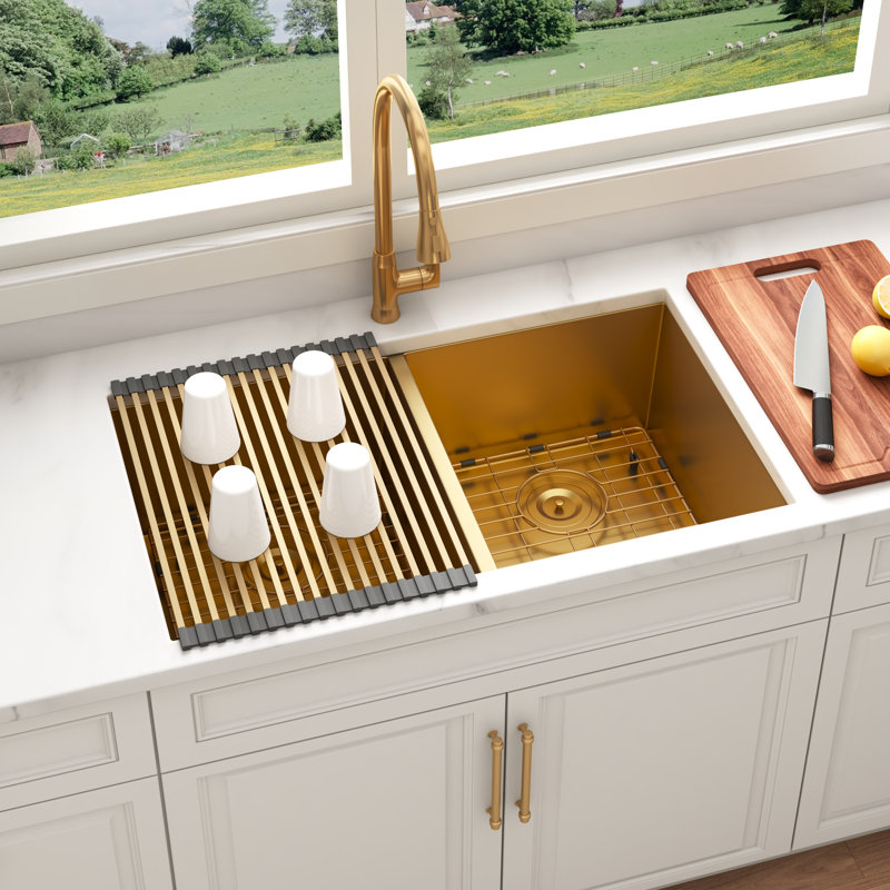 Blenzia 32 Inch Gold Double Bowl Kitchen Sink Undermount 304 Stainless Steel 16 Gauge 50/50 Spacious Double Basin Sinks with Accessories 32" x 18" x 10"