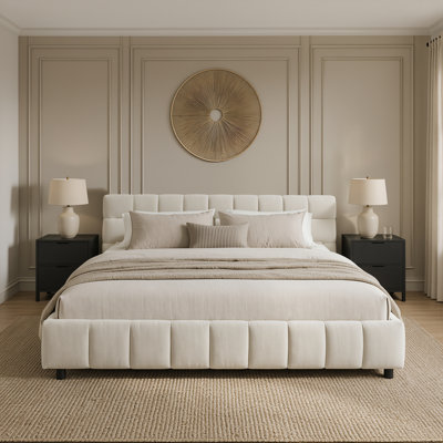Lit tapissier très grand californien, base de lit rembourrée confortable, tissu chenille, avec tête de lit et base de lit solide. Avec tiroir pour le rangement - beige (90,5 po x 80,5 po x 31 po)