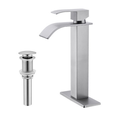 Waterfall Spout Bathroom Sink Faucet with Single-Handle and Pop-Up Drain Assembly