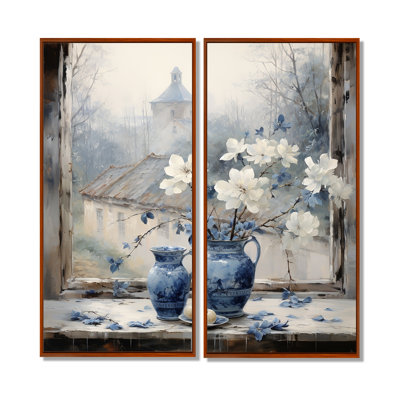 Charme de fenêtre floral blanc et bleu antique - grandes fenêtres, impressions sur toile