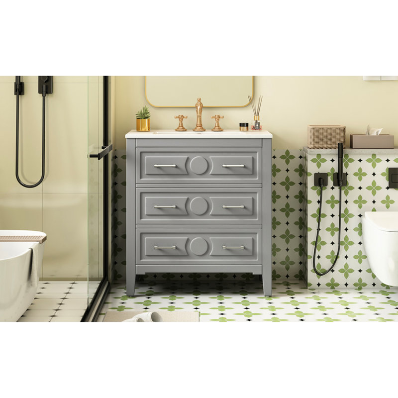 Meuble-lavabo de 30 po avec lavabo, structure en bois massif, 3 tiroirs, style rétro élégant et de grande qualité, rangement spacieux, lavabo à trois trous pré-percé, couleur grise, structure en céramique,