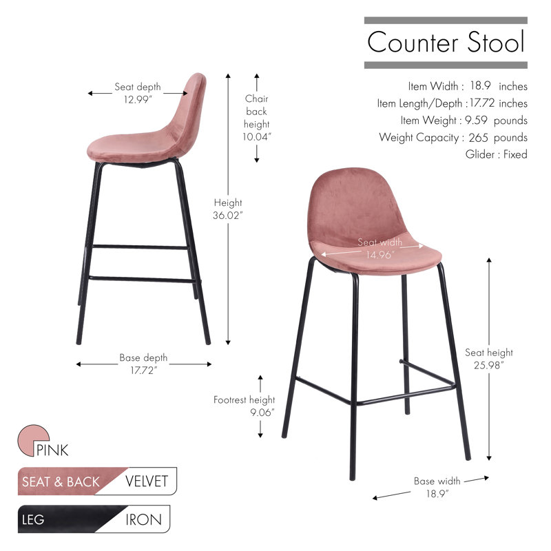 Lazio Velvet Bar Stool with Iron Legs, Pink, Counter Stool ( 25.98'' Seat Height )
