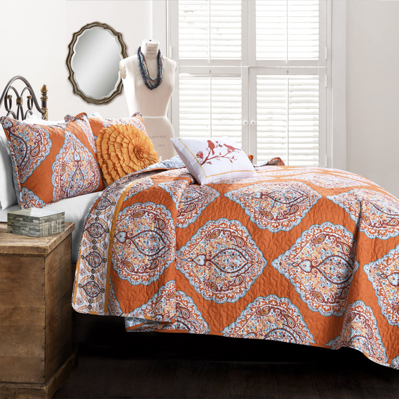 Harley Reversible Blue and Tangerine Microfiber Full Quilt Set